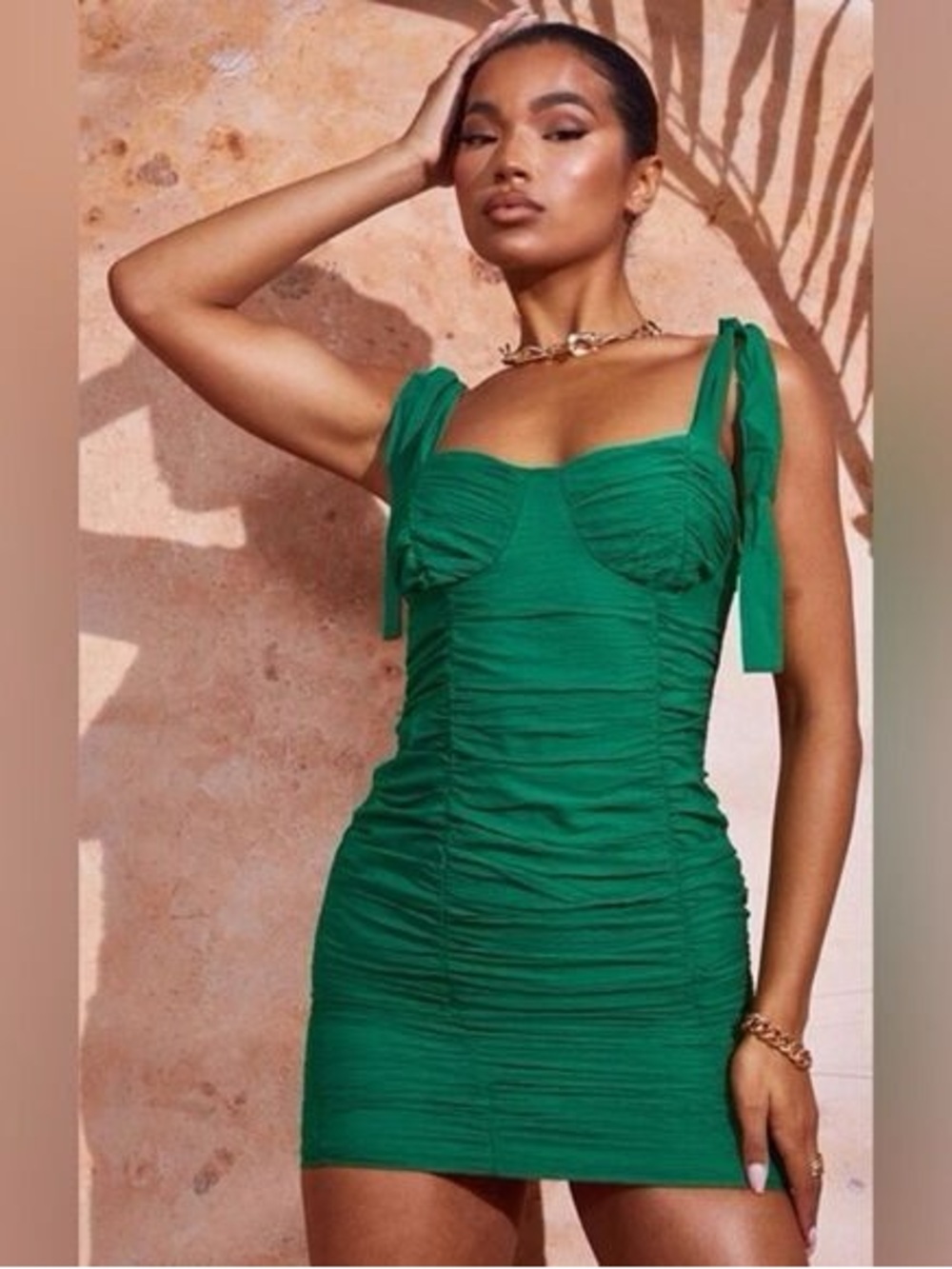 New Prettylittlethings Green Ruched Mini Dress